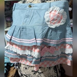 Lolita Denim And Gingham Ruffle Skirt